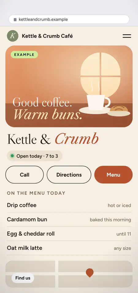 A made-up cafe's new phone site: today's hours, a Menu button and what's on the menu today.