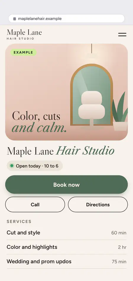 A made-up salon's new phone site: its name, today's hours, a Book now button and its services.