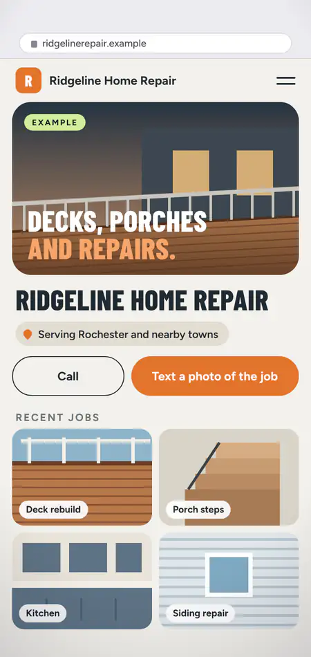 A made-up contractor's new phone site: recent jobs, a Call button and a Text a photo of the job button.